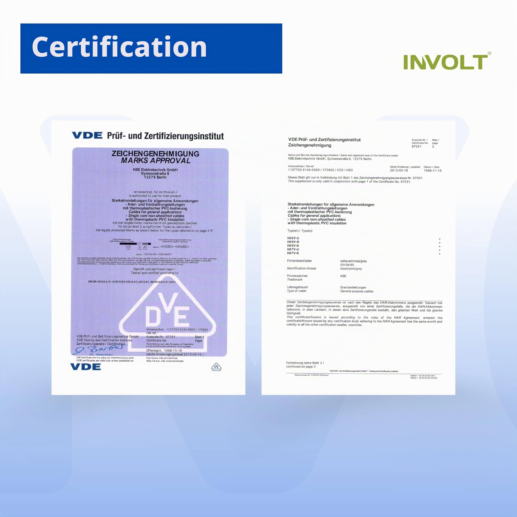 INVOLT H07V-K kit 10mm² 3x5m noir/bleu/vert-jaune, 100 embouts, VDE, Fabriqué en Allemagne