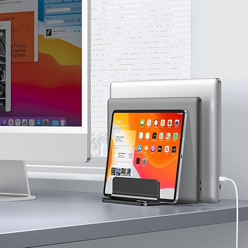 Miniatura 8 de OMOTON Soporte vertical para portátil de 3 ranuras, soporte de aluminio de escritorio para MacBook con tamaño de base ajustable, se adapta a todas