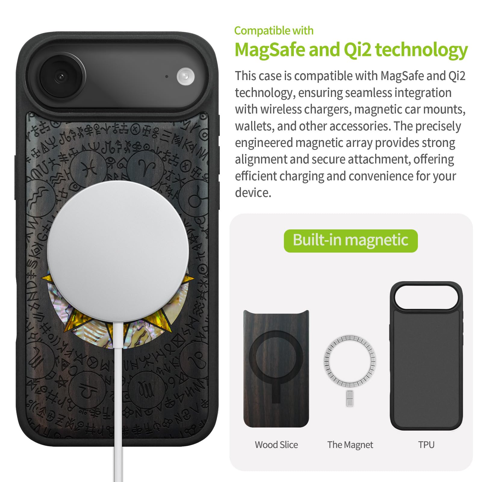 Carveit Funda Magnética para iPhone Air Compatible MagSafe [Madera y incrustación de mejillones] Protectora Antigolpes para iPhone 17 Air Carcasa (Madera Oscura-Dios del Sol y la Luna)