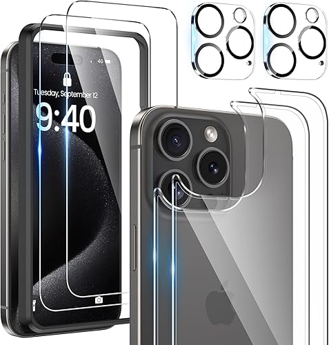 Maxdara Protector de pantalla para iPhone 15 Pro (6.1 pulgadas), paquete de 2 protectores de vidrio trasero y frontal con protector de lente de