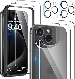 [6 in 1 for iPhone 15 Pro Max Screen Protector(6.7 inch), 2 Pack iPhone 15 Pro Max Back Screen Protector with 2 Pack Front Screen Protector and Camera Lens Protector, 9H Hardness, Ultra HD