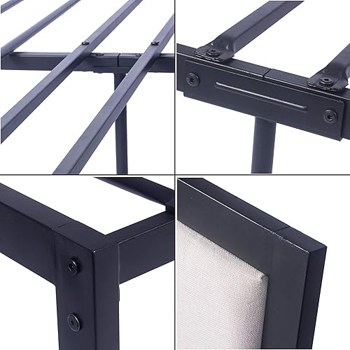 Miniatura 7 de LUCKYERMORE Base de cama de plataforma Queen de 12 pulgadas con cabecera beige, marco de cama de metal resistente con almacenamiento debajo de la