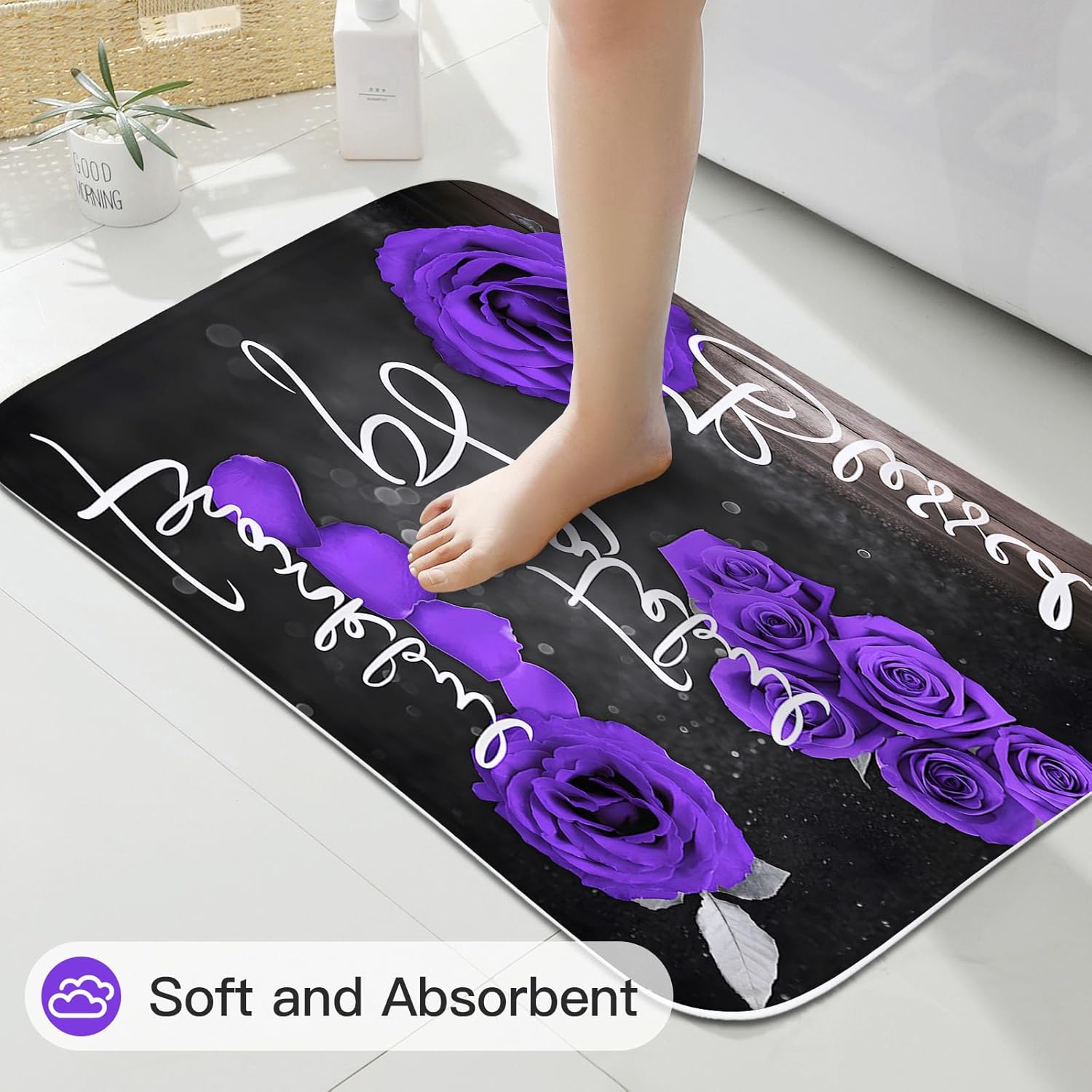 Litabel 4 Pcs Purple Rose Shower Curtain Set with Non-Slip Rugs, Toilet Lid Cover and Bath Mat, Thankful Grateful Blessed Romantic Showy Elegant Floral Bathroom Decor Set with Shower Curtain and Rugs