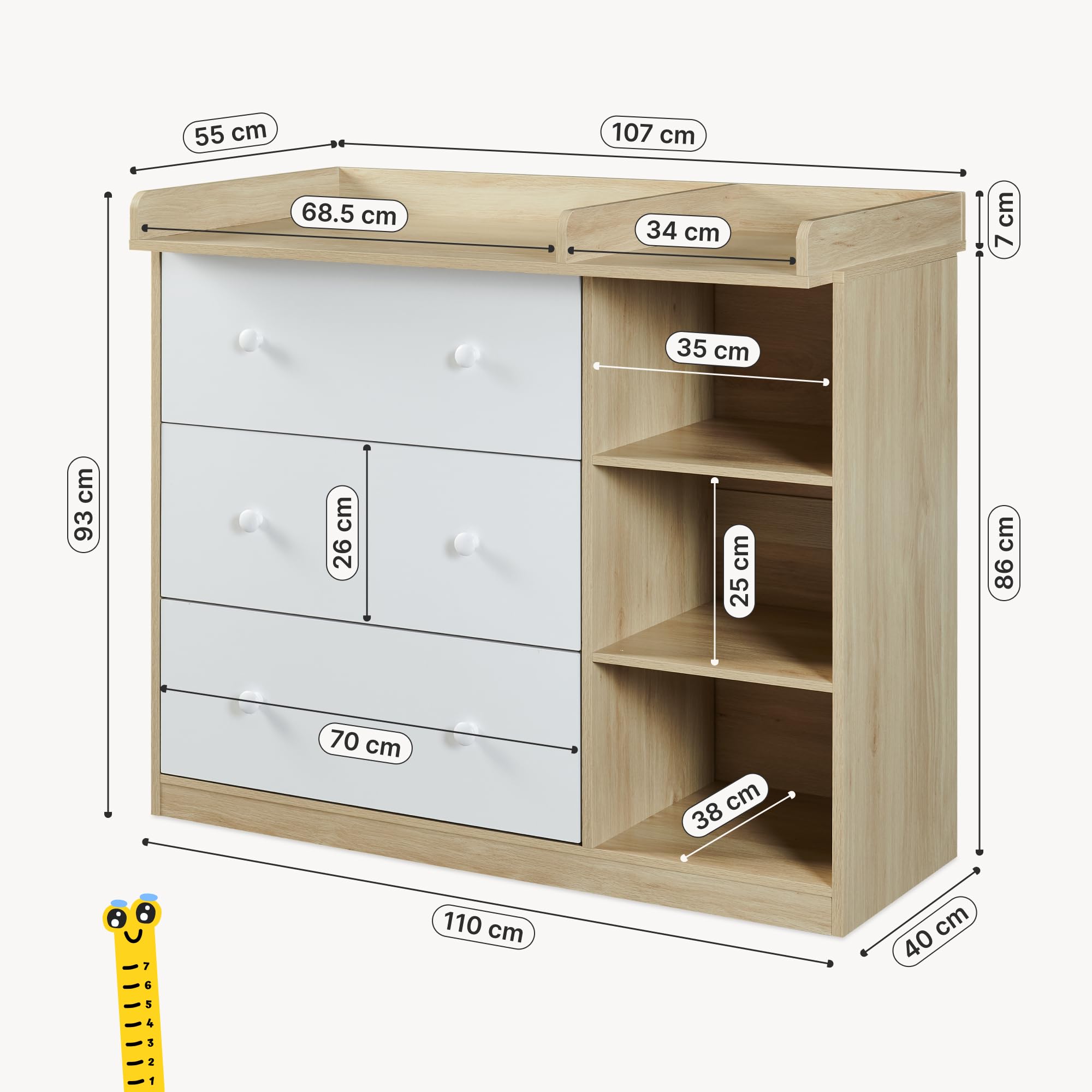 Wickelkommode Beldinupp Wickeltisch 3 Schubladen 3 Regalfächer 93 x 110 x 55 cm Eicheoptik Weiß