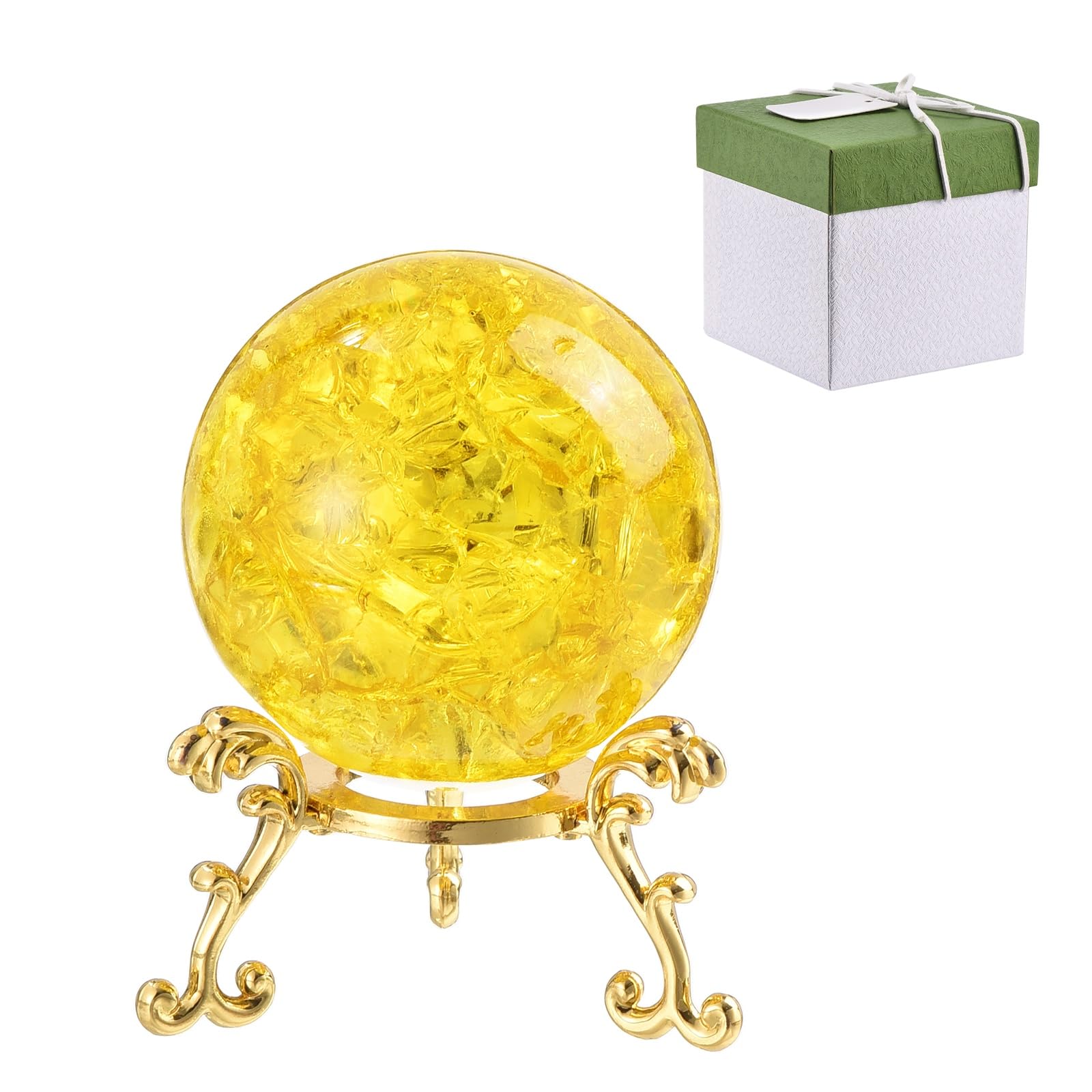 sourcing map 50 mm Round Crystal Sphere with Stand, Crystal Sphere Ice Cracked Decorative Ball Paperweight Gift Box Packaging for Home Decor Ornament Gift Craft Feng Shui Decor, Yellow