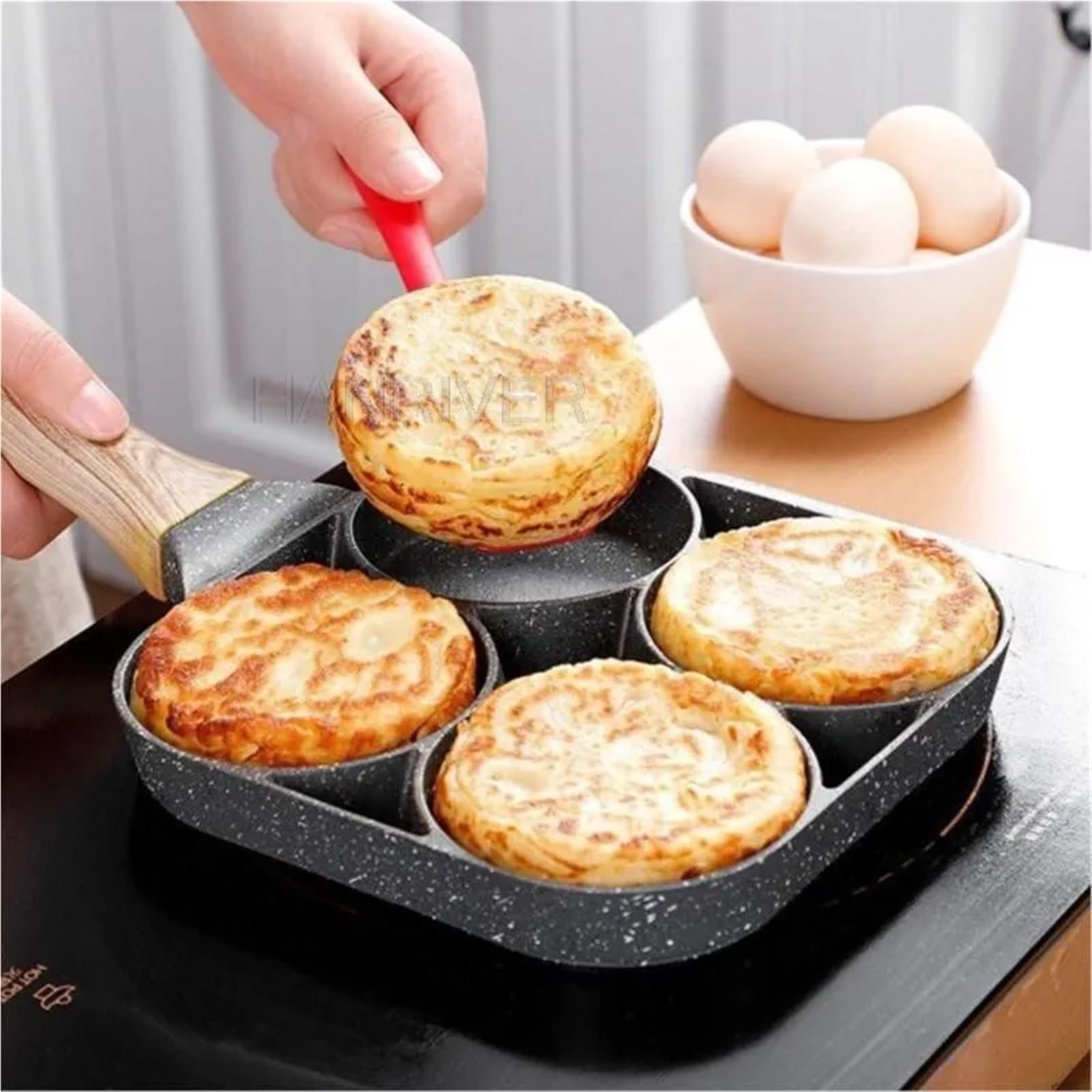 Sarten Tortilla Sartén de 4 agujeros for tortillas gruesas, antiadherente, for huevos, tortitas, filetes, jamón, desayunos, utensilios cocina
