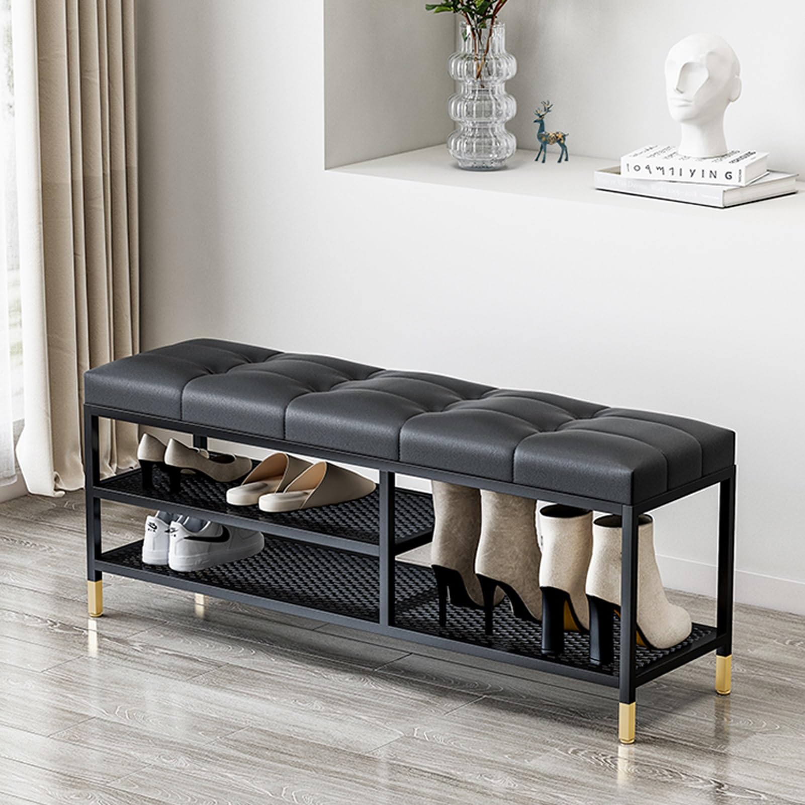 Banc de rangement à chaussures noir à 3 niveaux et cadre en métal avec coussin en cuir 80x32x47 cm