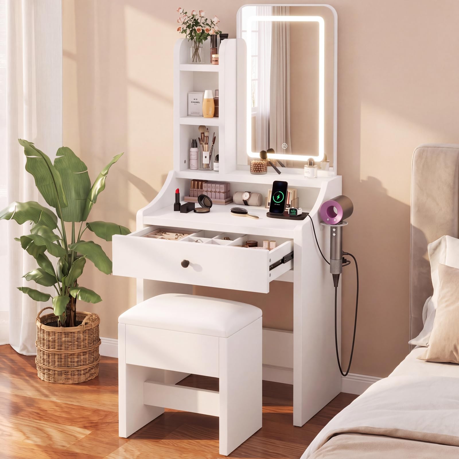 Makeup Vanity Desk with LED Mirror and Stool