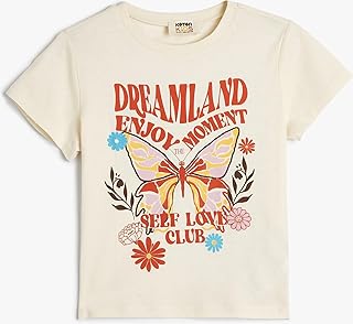 KOTON Girls Short Sleeve Crew Neck Butterfly Printed Tshirt