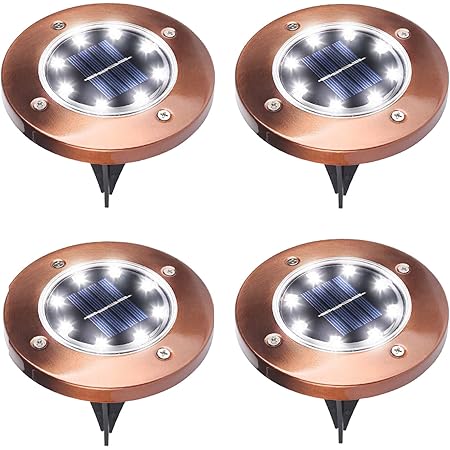 JHBOX Solar Outdoor Lights 4 Pack, Flat Solar Disk Lights with Ground Stake Landscape Lighting for Patio Yard Garden Decorations, Christmas Lights Winter Holiday Decor (Cold White)