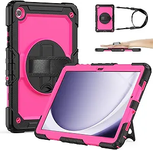 SIBEITU Galaxy Tab A9+ Case 11 Inch 2023 | Case for Samsung Galaxy Tab A9 Plus with Screen Protector| Rugged Full-Body Drop Protective Tab A9+ Cover w/Stand Hand Grip Shoulder Strap| Rose Red