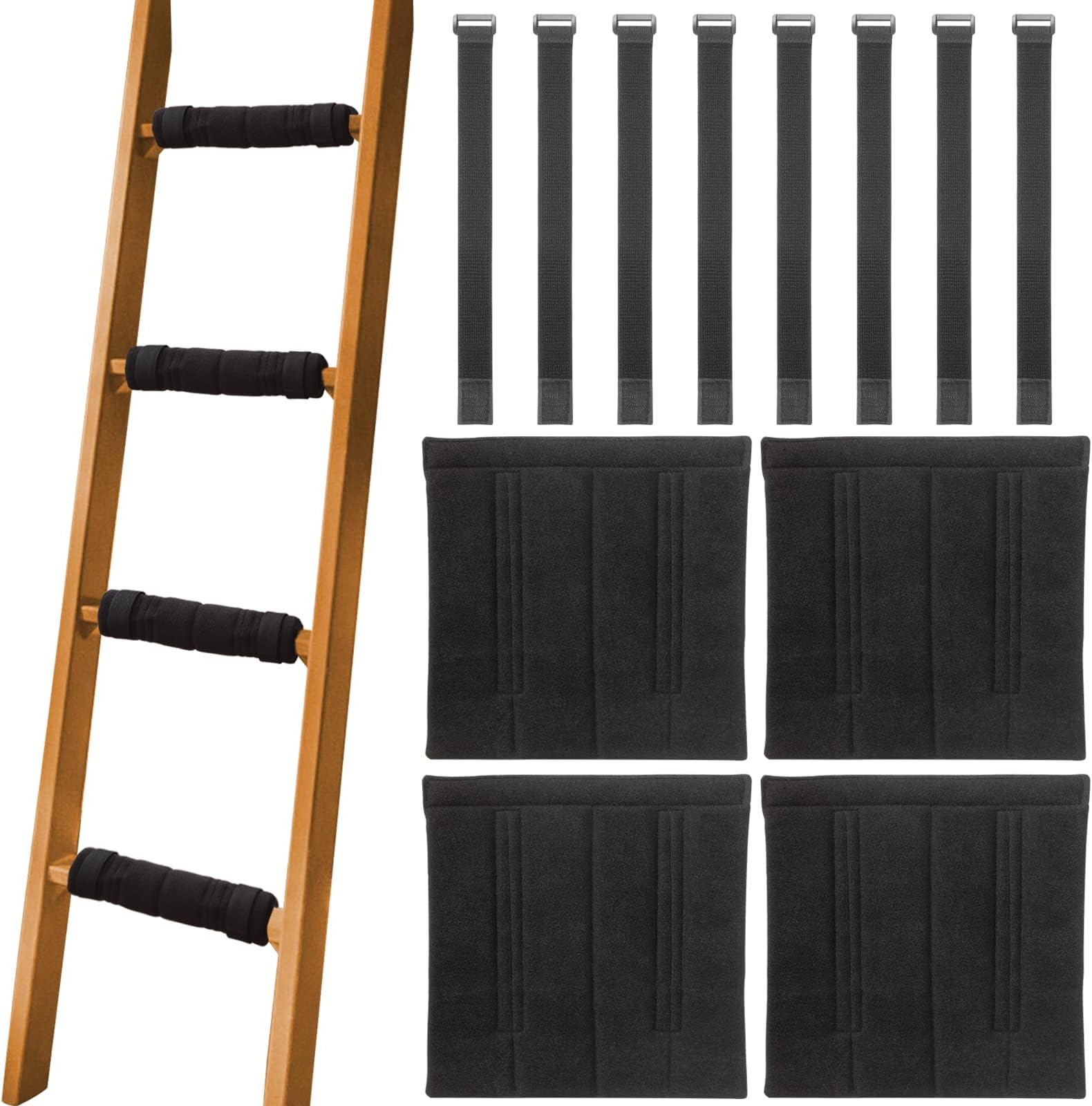 4 Pcs Bunk Bed Ladder Pads,with 8 Adjustable Hook & Loop Straps,Bunk Bed Ladder Cover,Ladder Step Pads Loft Bed, Suitable for Safe and Comfortable Climbing,10x10 Inch (Black)