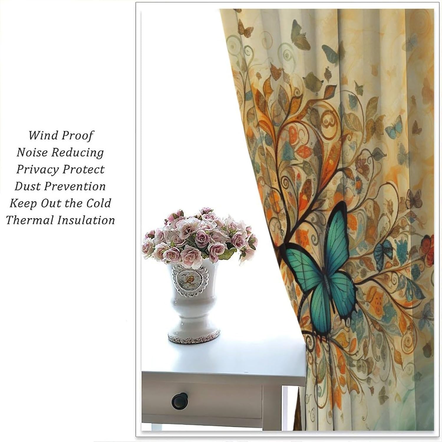 Tree of Life Window Curtains, Colorful Butterfly Curtain Tiers for Kids Girls Boys,Bohemian Style Window Treatments Drapes for Bedroom/Living Room, 52 x 84 Inch Blackout