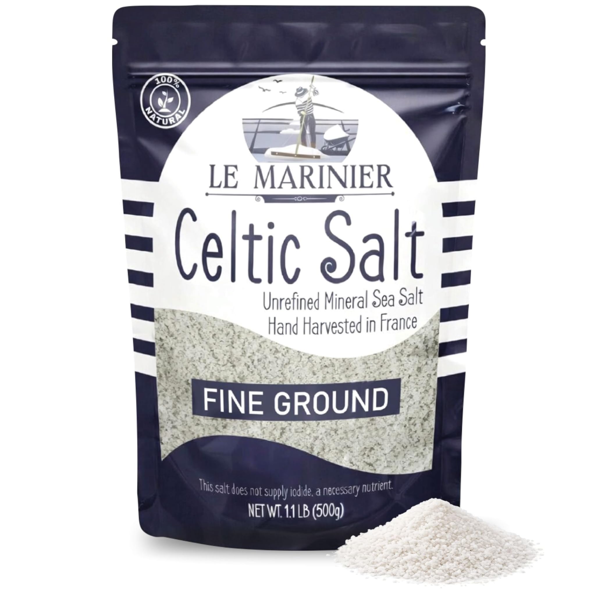 Le Marinier Celtic Salt Organic Fine Ground, 1.1lb - 18oz | Mineral Rich, 100% Natural, Unrefined French Sea Salt, Celtic Salt Organic 80+ Minerals, Hand Harvested, Cooking, Baking, Hydration (1.1lb Fine Ground)