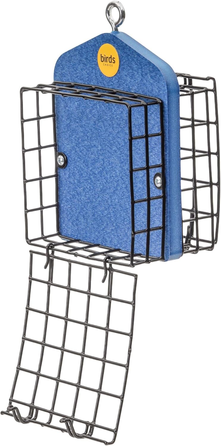 Birds Choice Suet Cage Feeder, Holds 2 Suet Cakes | Hanging Bird Suet Feeder for Woodpeckers, Jays, Nuthatches | Vinyl Coated Grids | Sturdy for Garden, Backyard, Outdoor | Deep Blue, 5"L x 4"W x 8"H