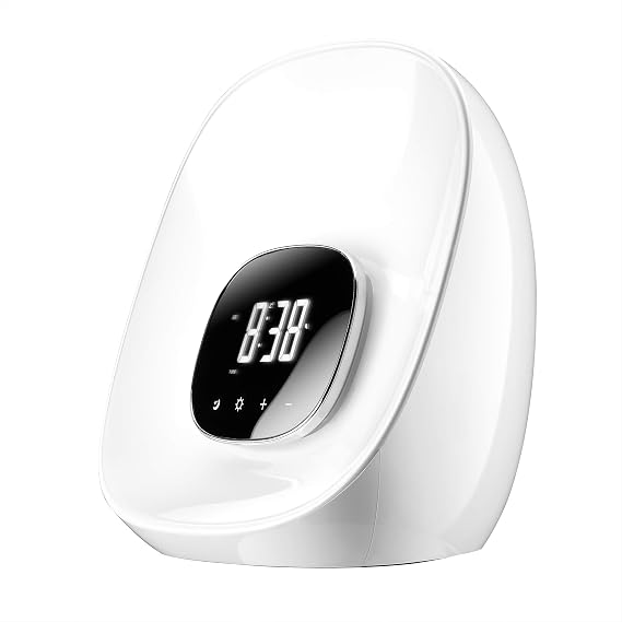 Groov-e Light Curve Wake-Up Light Alarm Clock with FM Radio - Sunrise & Sunset Simulation, RGB Mood Lighting, 10 Brightness Levels, 8 Alarm Sounds, Touch Controls & Snooze Function - White