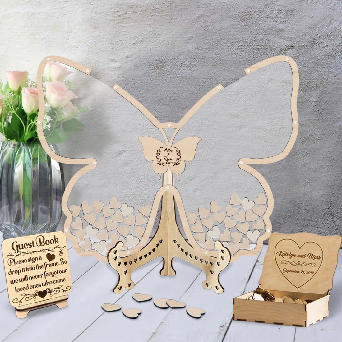 Livre de signatures de mariage personnalisé papillon en bois pour réception rustique chic