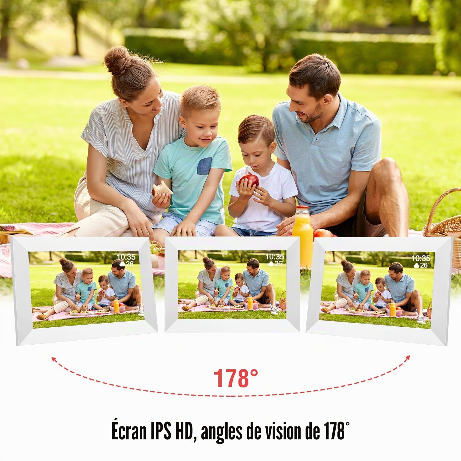 Cadre photo numérique WiFi de 10,1", écran tactile IPS 1280 x 800, cadre numérique intelligent, mémoire de 32 Go, rotation automatique, partage de photos et de vidéos via l'application Frameo (blanc)