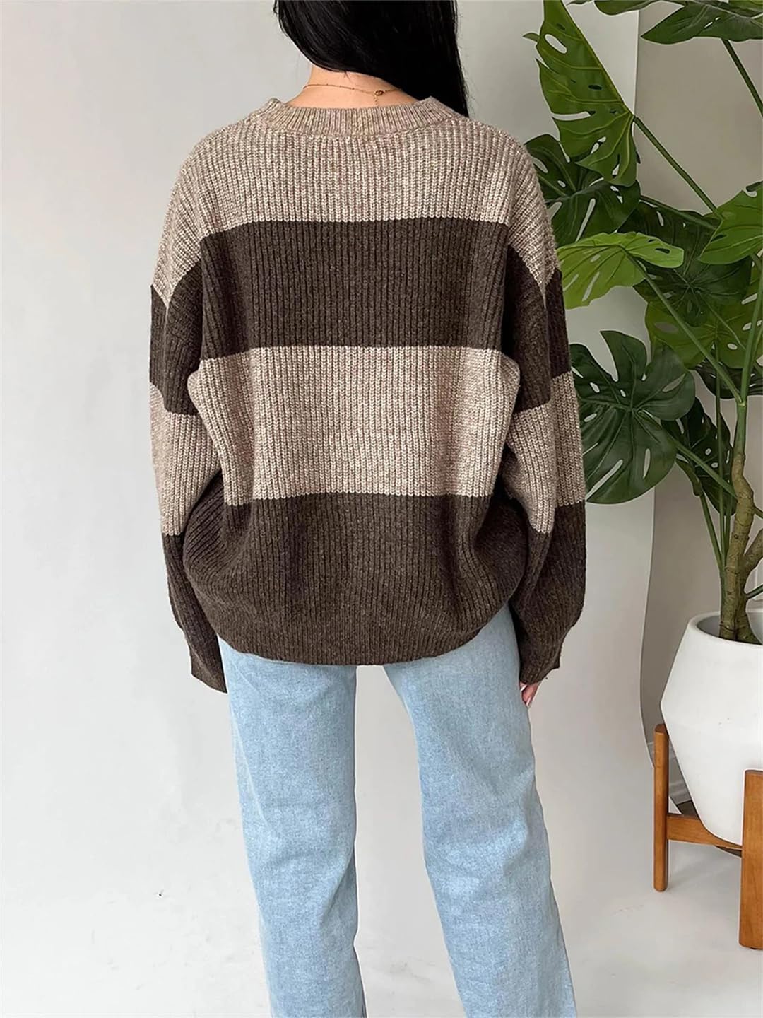 Damski sweter w jednolitym kolorze zimowy luźny długi rękaw modny dzianinowy S oversize sweter z prążkowanym okrągłym dekoltem