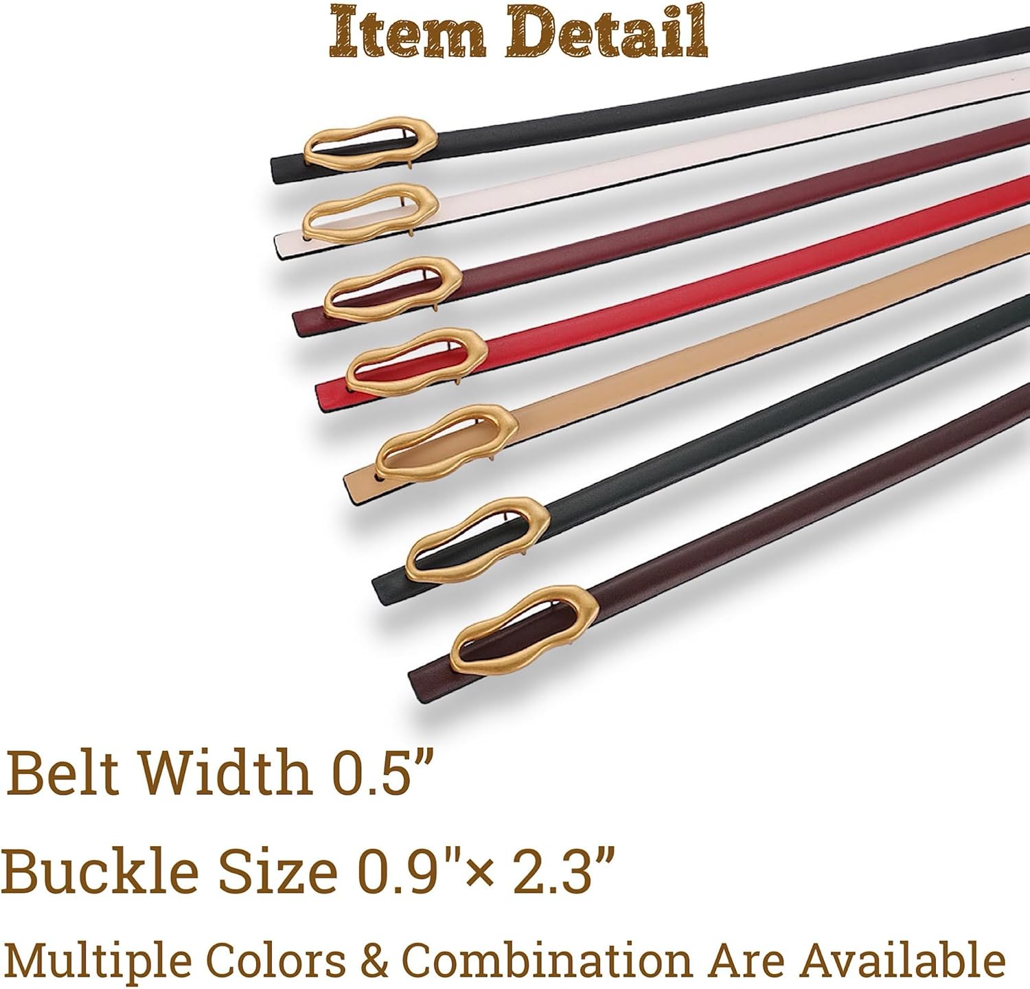 Women's Belt Slim Skinny Genuine Leather Belt For Dress Pants, Gold Bronze Oval Organic Shape Buckle Soft Waistband - Image 6