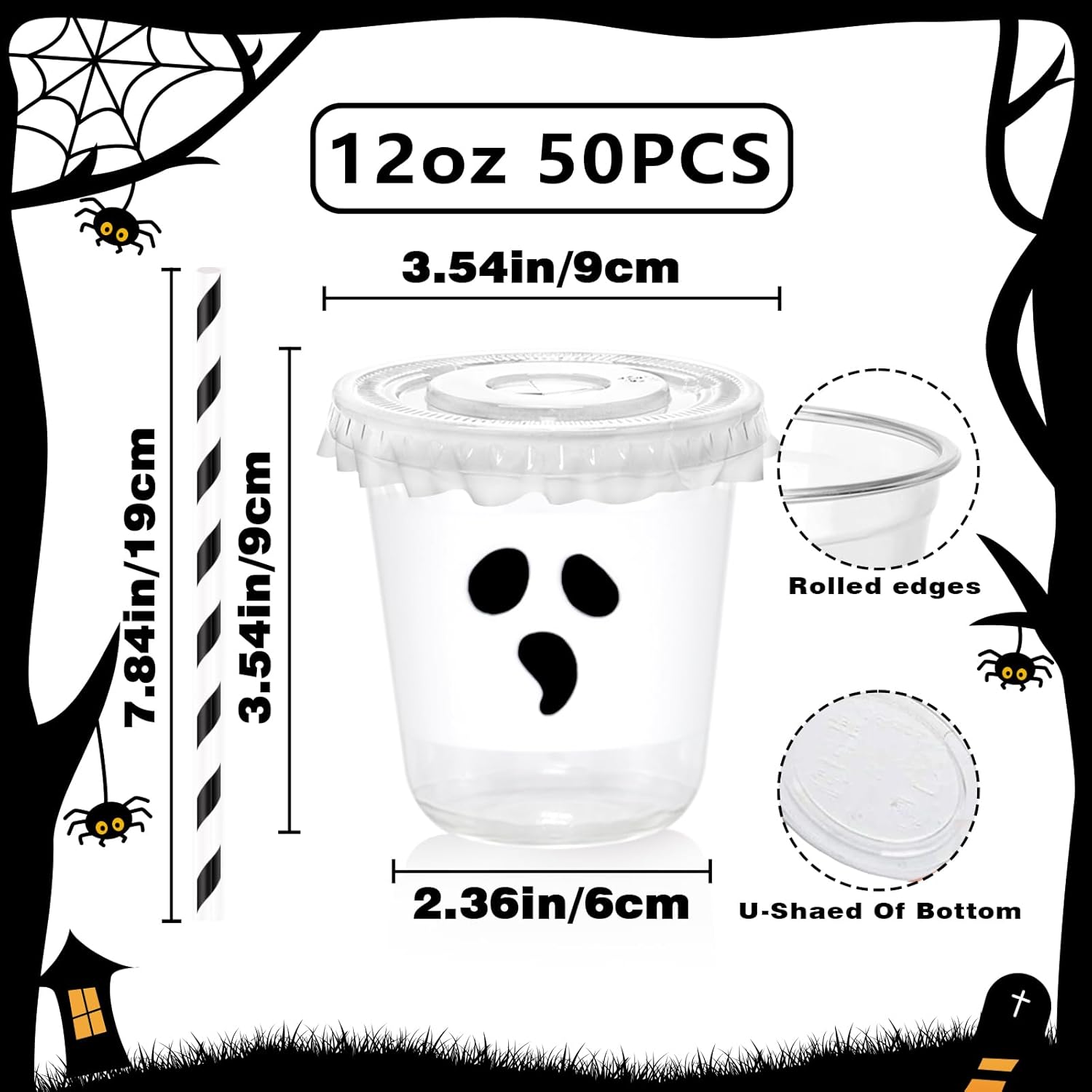 12oz White Black Ghost Halloween Disposable Plastic Cups with Flat Lids and Straws Happy Halloween clear Cups for Party Supplies Coffee, Beer, Drinks, Ice Cream, Snack and More (50) - Image 3