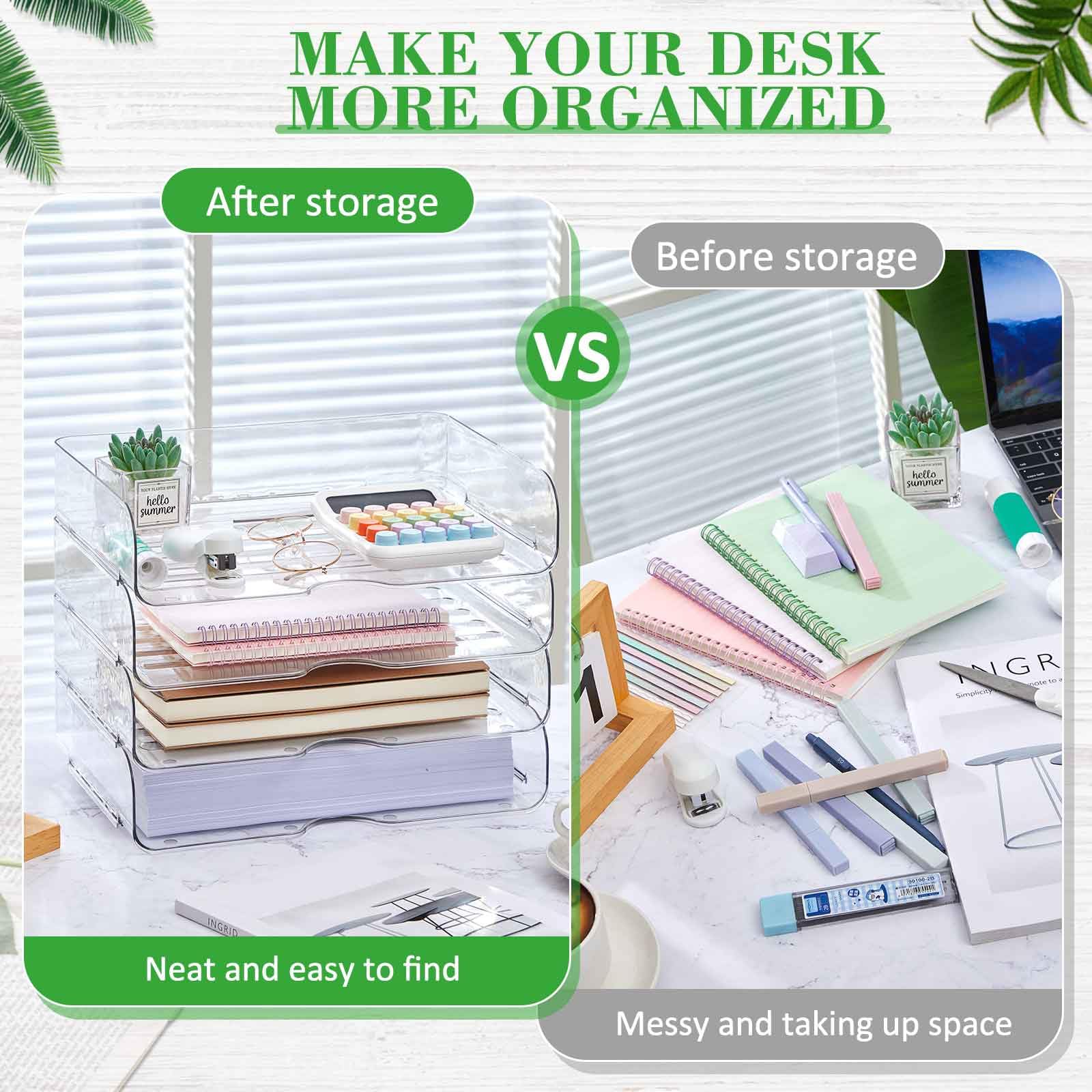 Juexica Lot de 4 corbeilles à courrier de bureau A4 en PET transparent empilable avec fond antidérapant, organisation de bureau et rangement pour notes, stylos, papier de fichier, bureau