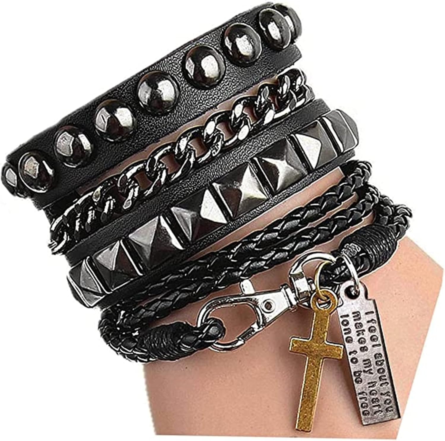 QAZXCV Pulsera De Cuero De La Personalidad Punk, Pulsera De Roca Callejera Punk Remache Paño De Cuero Negro Braiding Cross Y Letras Colgante Bangle Metal Hardded Cadena