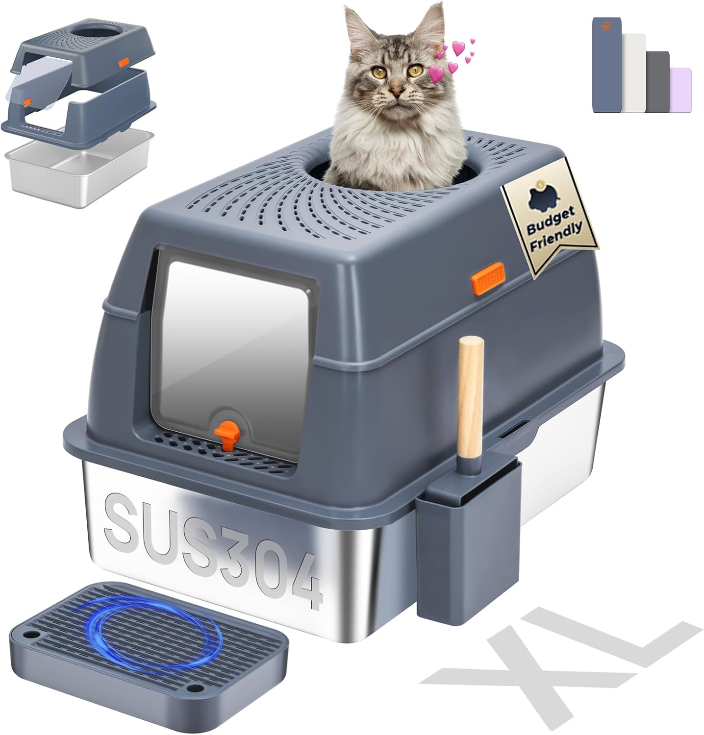 Stainless Steel Litter Box with Lid, SUS304 Metal Cat Litter Box, Enclosed Extra Large Kitty Litter Box High Wall, Jumbo Cat Litter Box with Triple Pedal, Non-Sticky, Anti-Leakage (XL Blue)