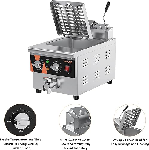 Miniatura 5 de TANGME Freidora comercial profunda con válvula de drenaje, freidora eléctrica de sobremesa de acero inoxidable de 10.5Qt con control de temperatura