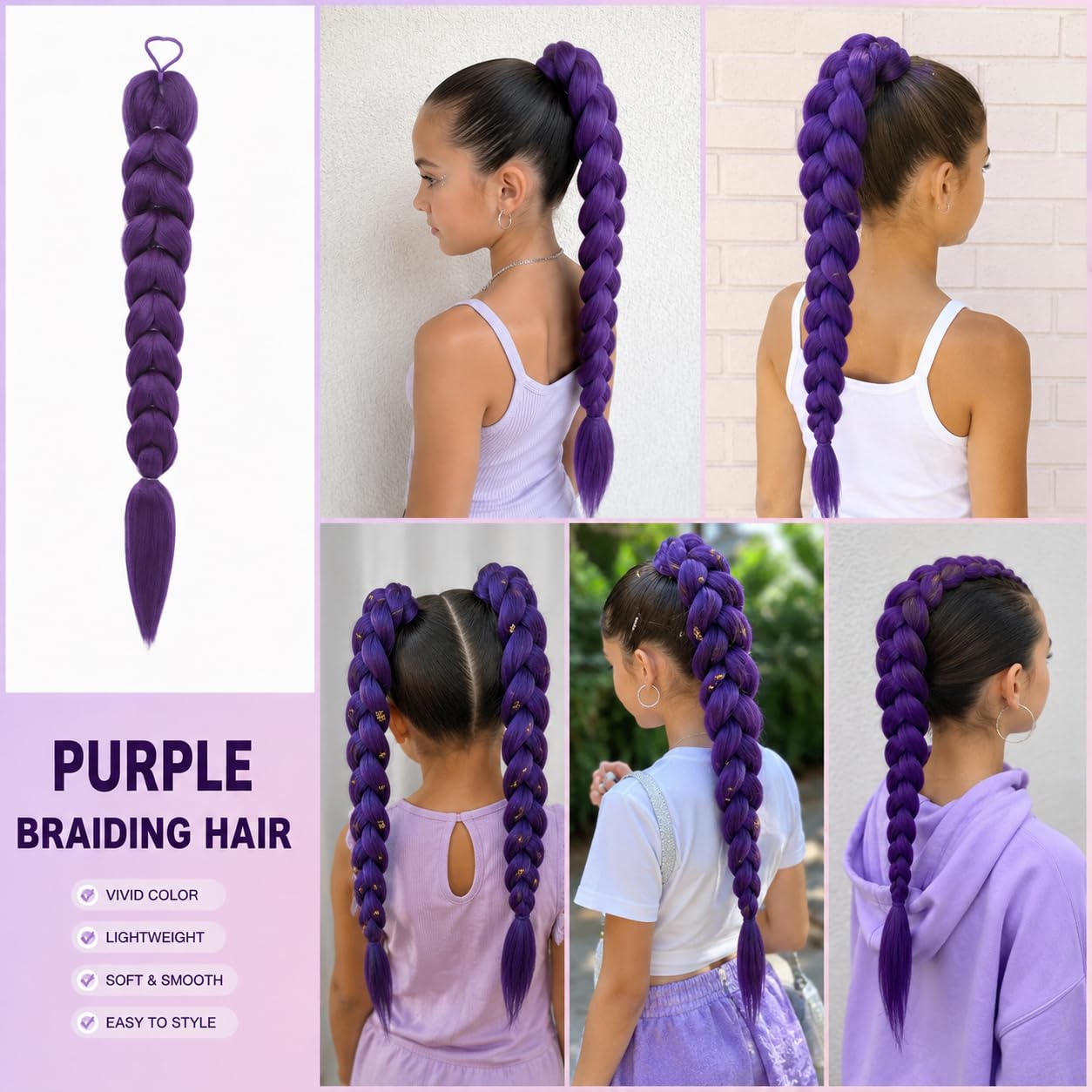 Purple Braids Ponytail Hair 24Inch Pre Braiding Hair with Tie Synthetic Hair Extensions for Halloween Costume Cosplay（24inch/Purple）