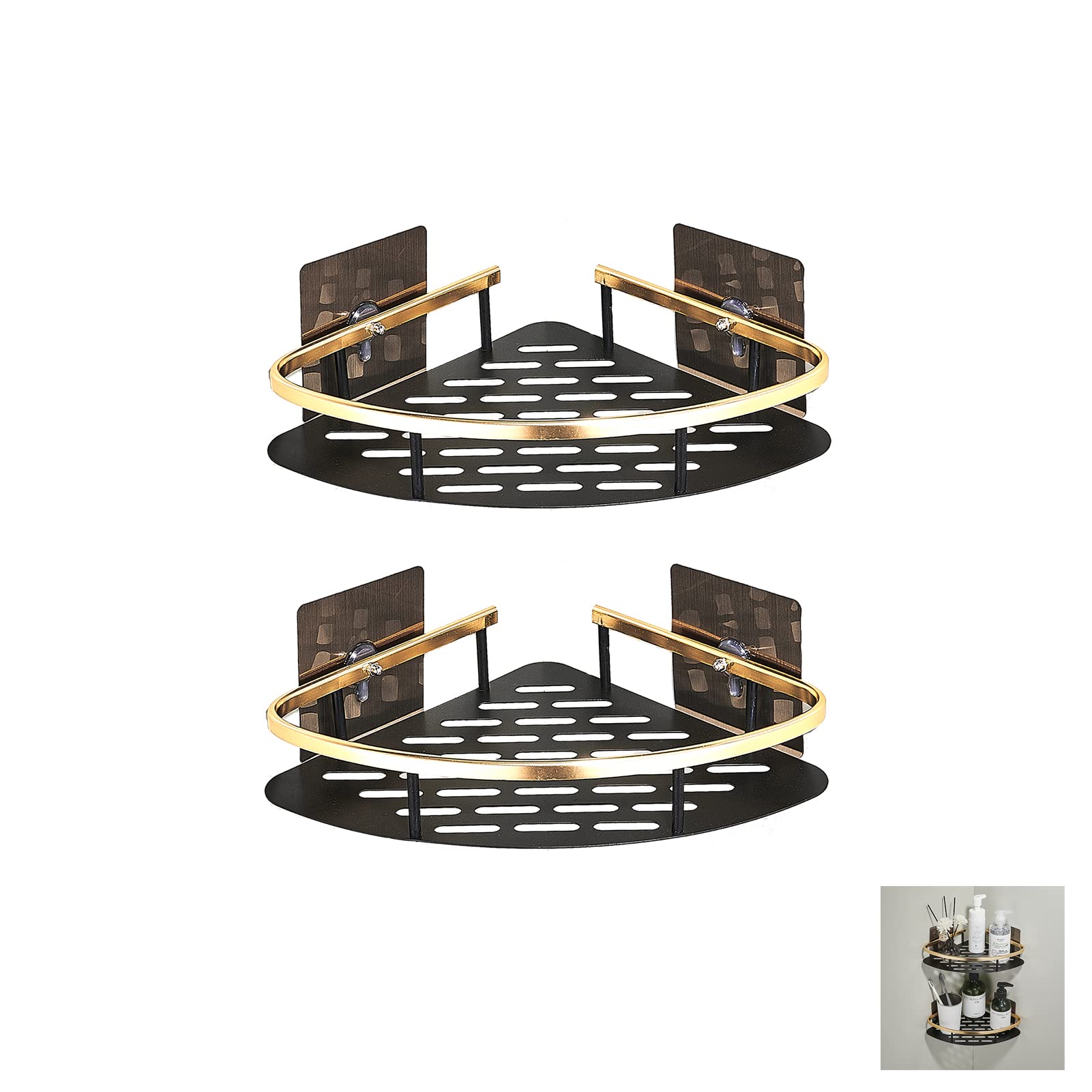 通用 Shower Shelf Assorted Shower Shelf without Hole, Shower Basket for Kitchen and Shower Storage, Shower Shelf without Drilling (Two-Tier Triangular Basket in Black Gold) (als58)