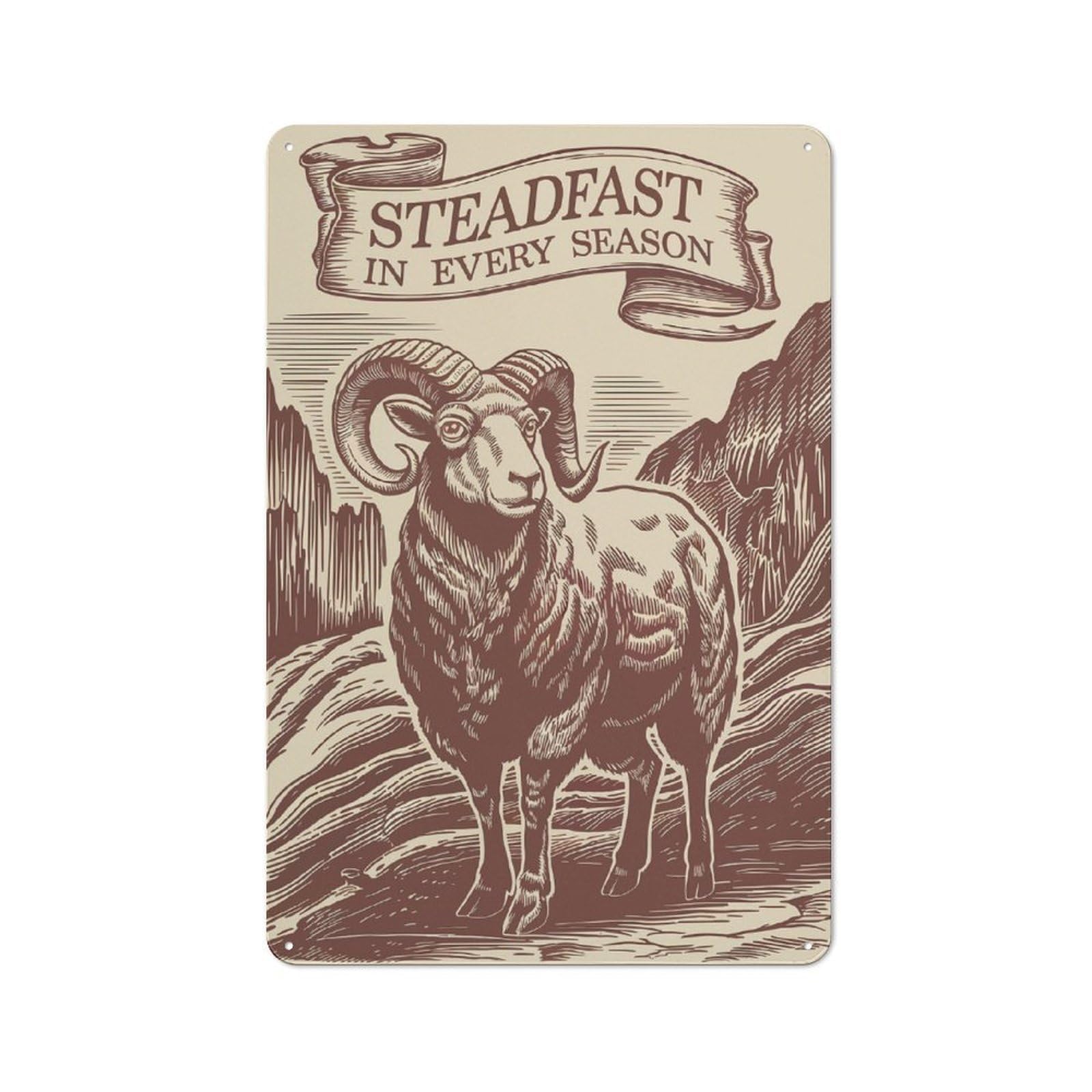 Junmoney Steadfast Ram Illustration Decorative Metal Plaque 30X20cm, Garage Style Shed Wall Plaque For Workshop, Basement, Shed Or Games Room