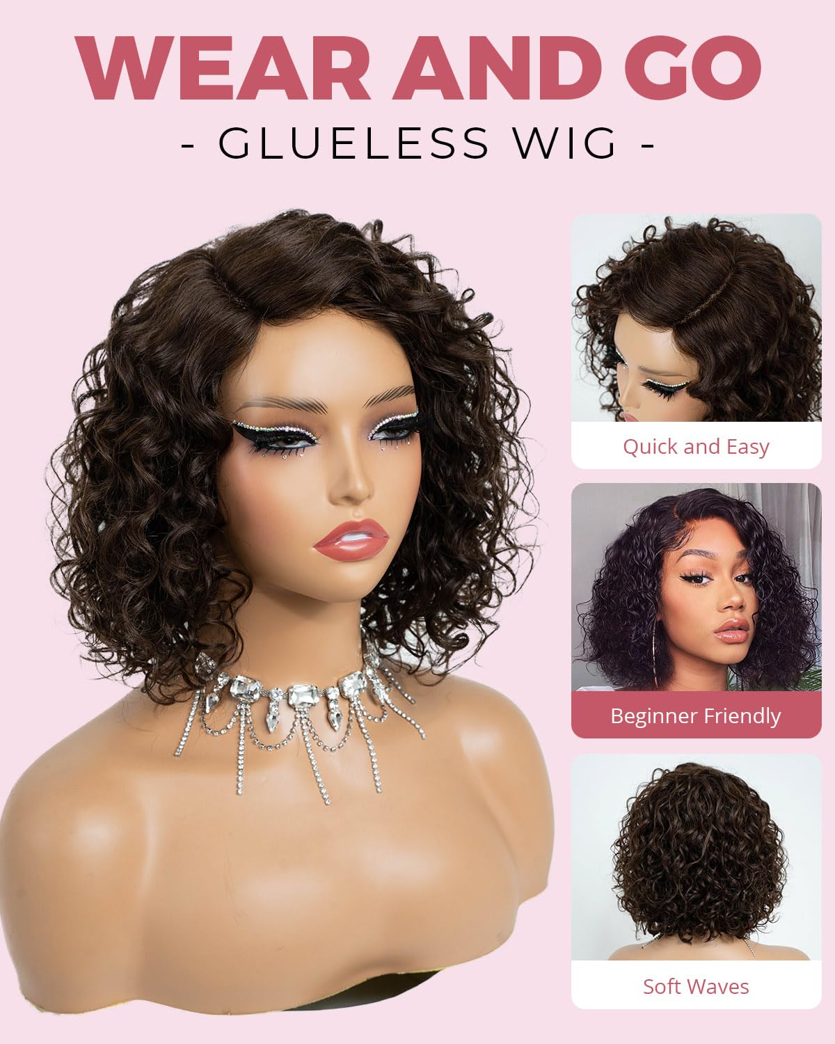 Style Icon Short Water Wave Wigs Human Hair Side Part Lace 12 inch Dark Brown Curly Bob Wigs Glueless Wear and Go Wig for Women C-Lace (Color:4) - Image 3