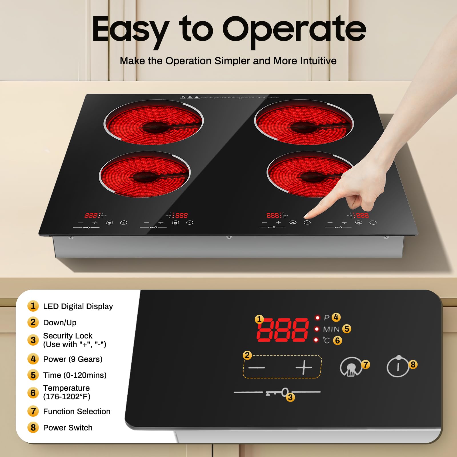 3000W 110V Cooktop Portable 4 Burners Electric Ceramic Cooktop Built-In Sensor, Touch-adjustable Control, 9 Heating Levels