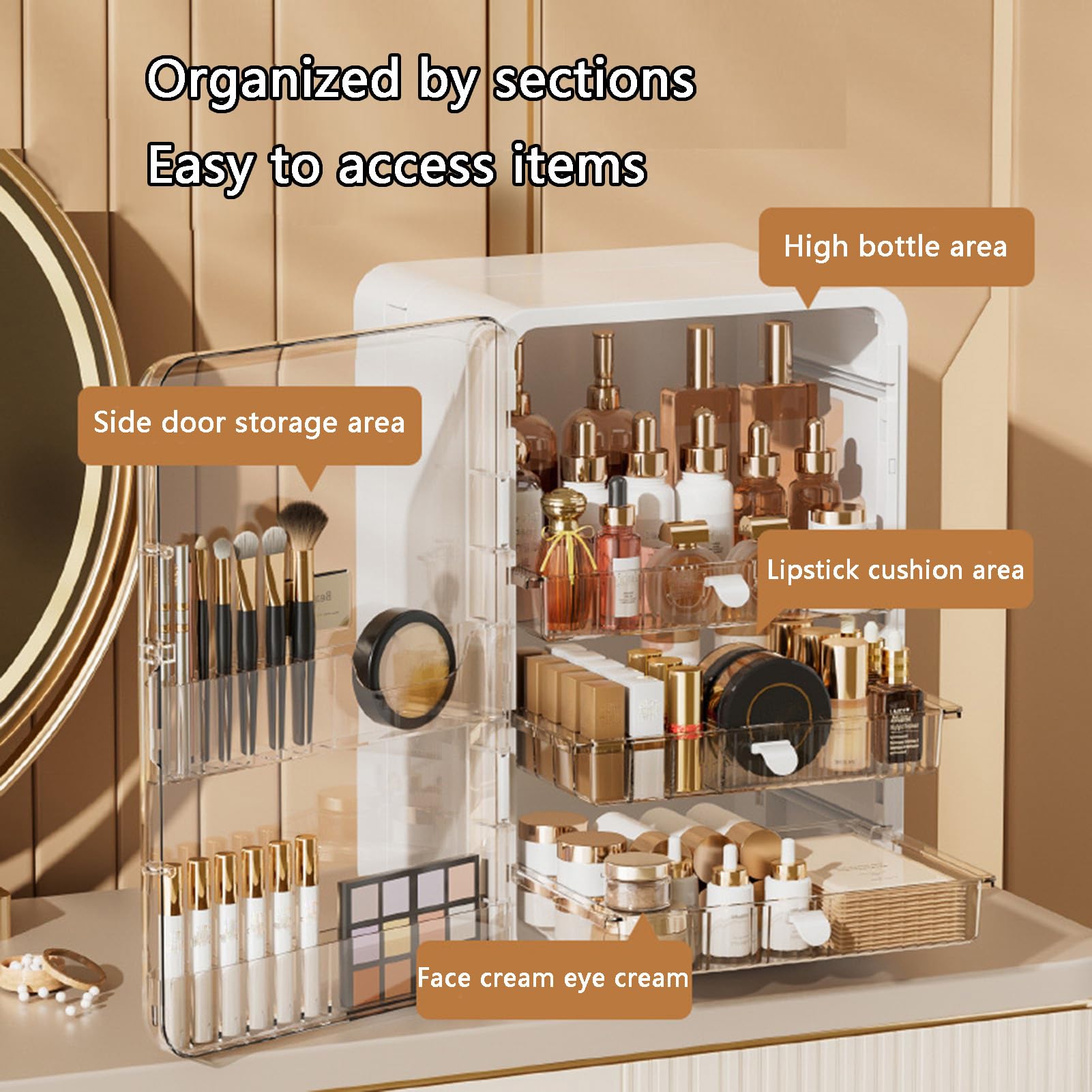 Make-up-Organizer, Hautpflege-Organizer für den Schminktisch, große Kosmetikvitrine mit Kunststoffschublade, Aufbewahrungsorganizer, Make-up-Pinselhalter für Kommode und Badezimmerablage (Beige)