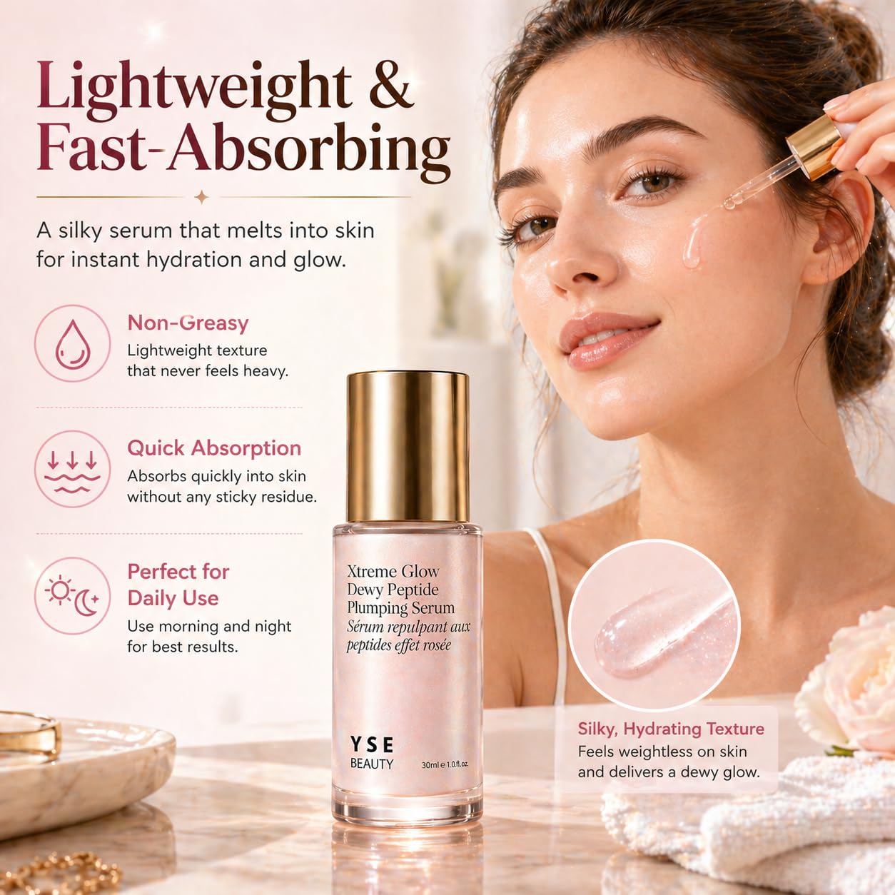 Yse Beauty Dewy Peptide Plumping Serum - Xtreme Glow Formula Smooths Wrinkles and Fine Lines, Hydrating Brightening Plumping Serum for Radiant Skin, 1 Fl Oz