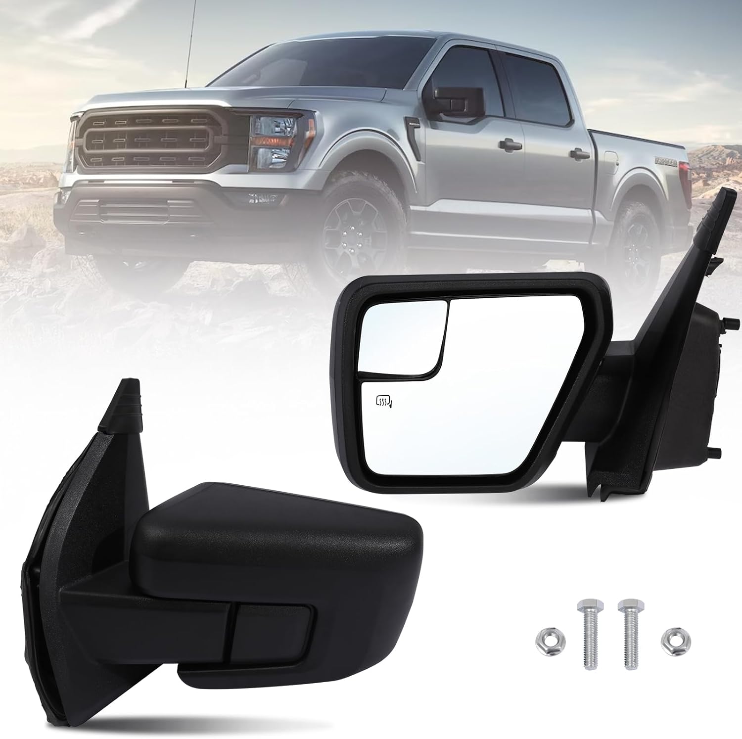 F150 Driver Side Mirror Replacement for 2021-2024 Ford F-150, Power, Heated, Signal Light, Manual Folding, Textured Black, Blind Spot Light, Puddle Light