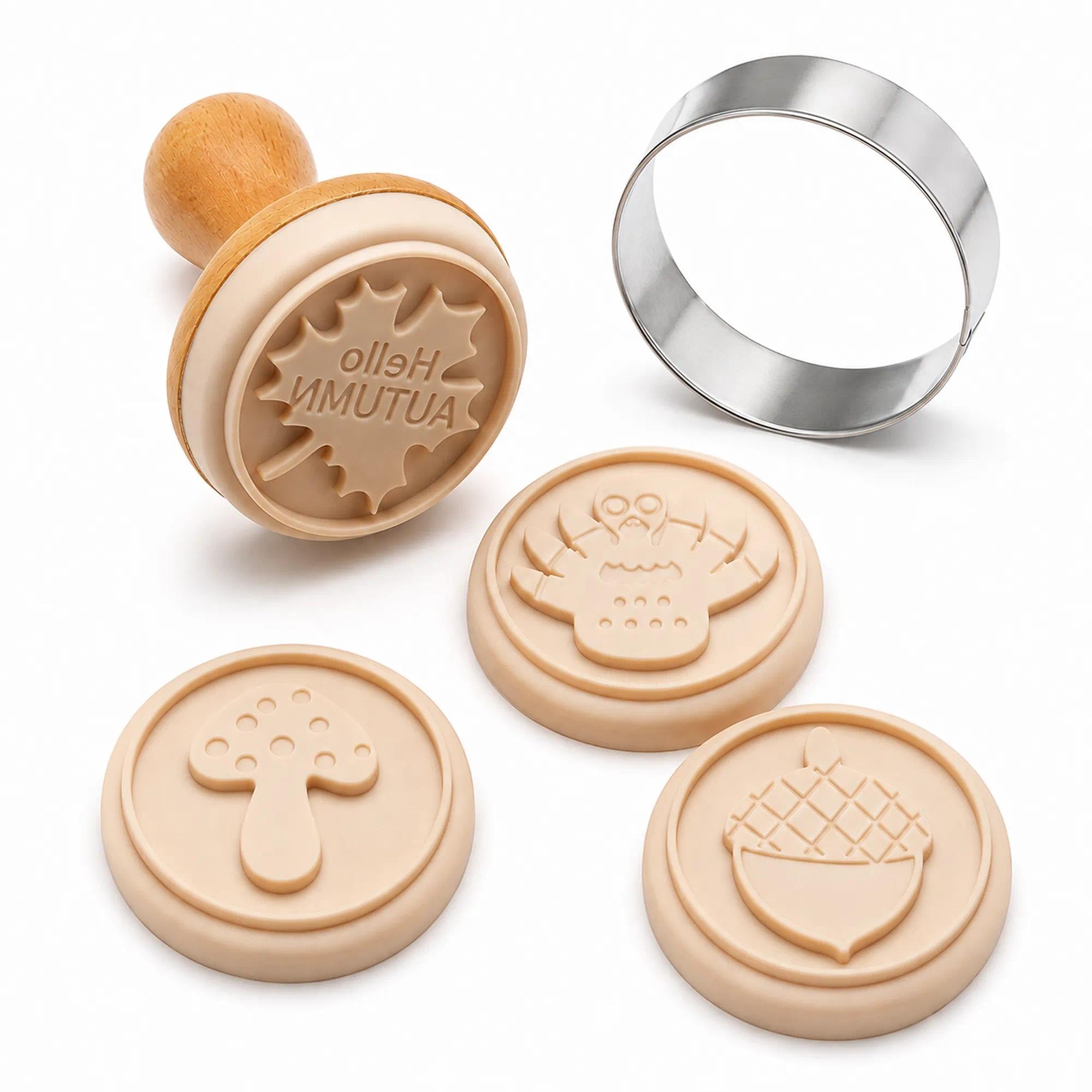 Autumn Biscuit Stamp Set, 4 Silicone Designs, Beech Handle and Cutter