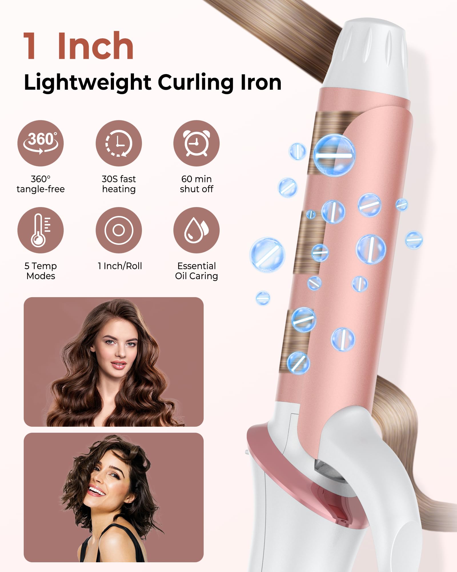 25mm Ferro Arricciacapelli Professionale, Ferro Capelli Mini Piastra in Ceramica, Piastra Arricciacapelli per Capelli Corti e Lunghi, Arriccia Capelli 5 Temperature Regolabili, Display LCD(Bianco)