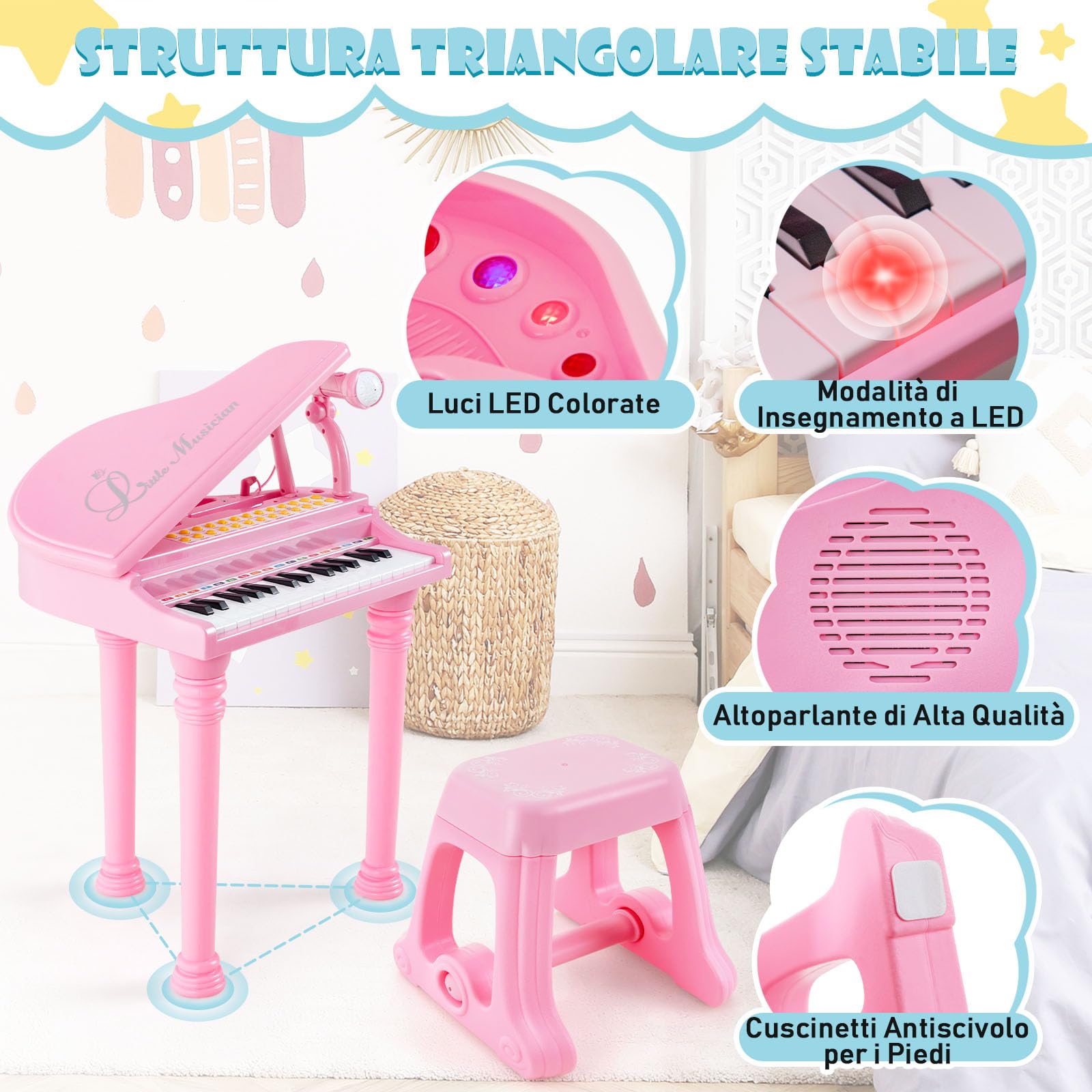 COSTWAY Tastiera Pianoforte a 31 Tasti per Bambini con Microfono e Sgabello, Tasti Giocattolo Portatile con Modalità di Insegnamento a LED, Pianoforte a Coda per Bambini 3+ Anni (Rosa)