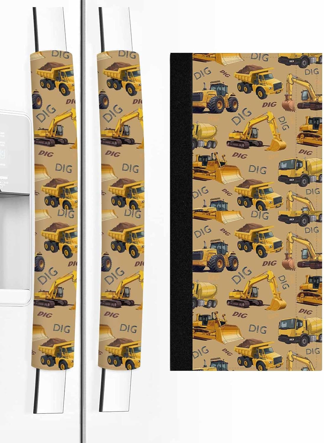 Construction Truck Refrigerator Door Handle Covers Set of 2, Cartoon Grips and Bulldozers Turmeric Kitchen Fridge Microwave Oven Dishwasher Stove Cabinet Handle Protectors, Washable Appliance Decor