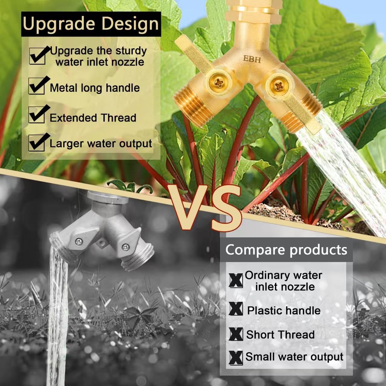 EBH Garden Hose Splitter 2 Way Full Flow, Y Valve High Flow Brass Hose Splitter, Metal Long Handle With Shutoff, GHT 3/4-Inch Heavy Duty Hex Female Inlet and 3/4-Inch Male Outlet