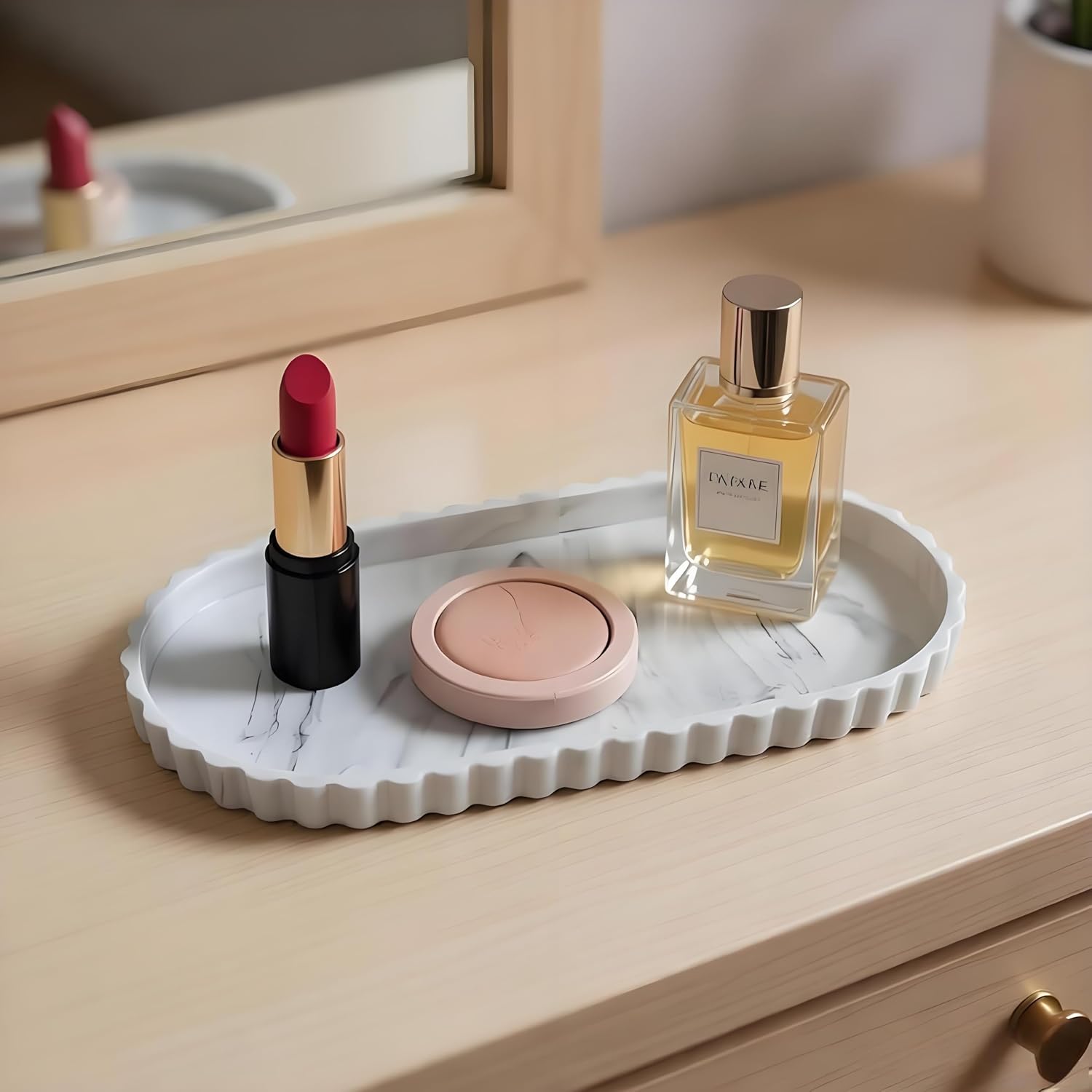Silicone Vanity Tray Organizer 12"x5.3" White Marble Lace Edge for Countertop Catchall for Perfume Candles Jewelry Dish Perfume Trays for Vanity Bathroom Decorative Tray for Kitchen Counter