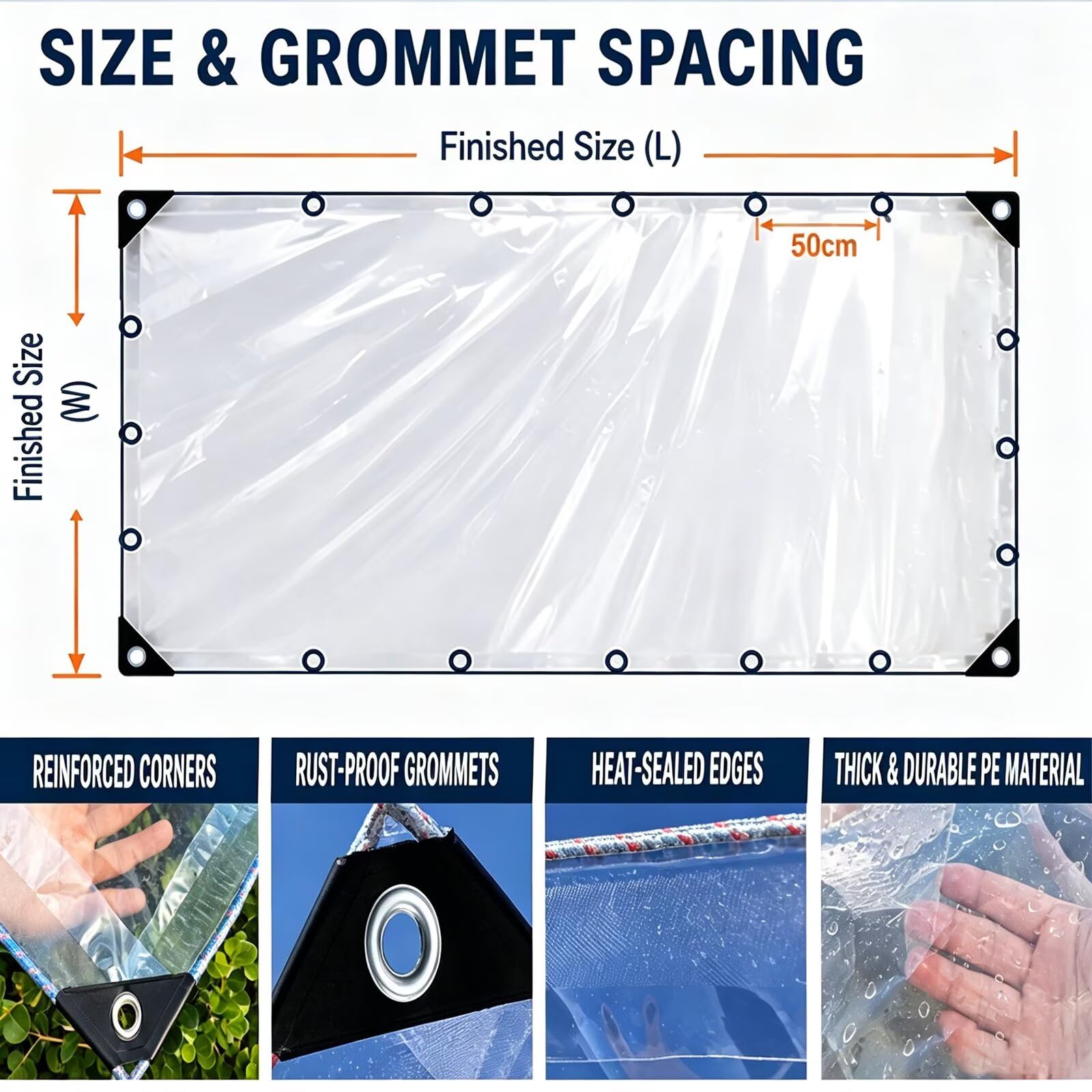 Bâche Transparente avec œillets pour l'extérieur, bâche en PE Transparent 0.18mm, avec Serre-câbles, Corde de Fixation de 10 m, Convient pour Pavillons（1.8x5.5 m）