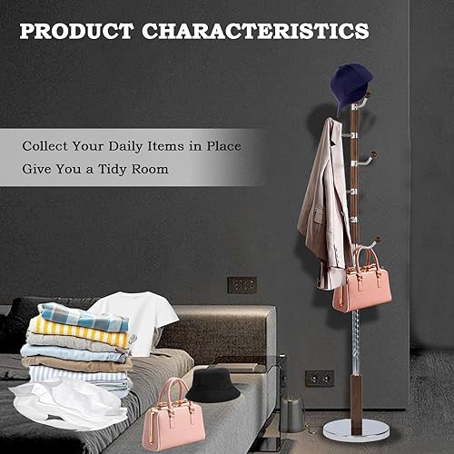 Miniatura 10 de Percheros de pie con 14 ganchos, perchero de madera natural con base redonda sólida, percheros de altura ajustable, fácil montaje para pasillo,