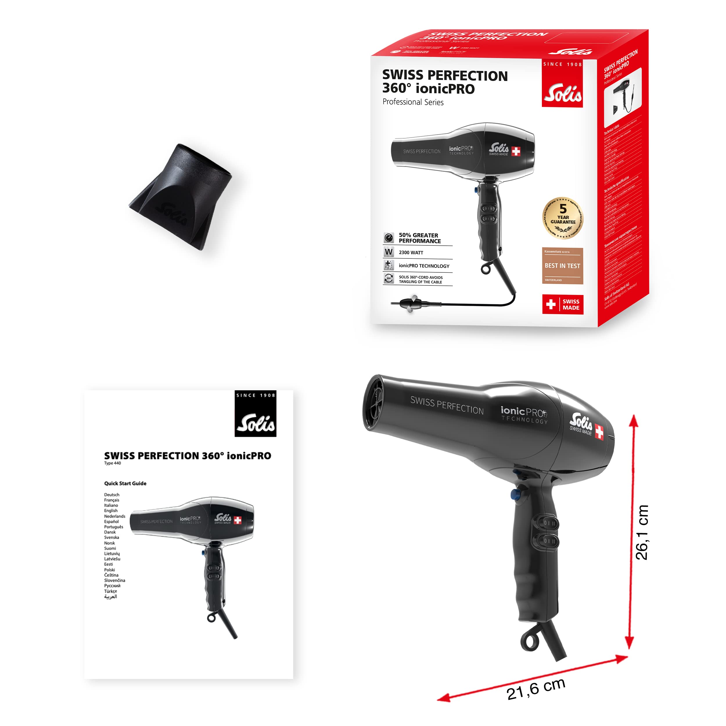 Solis Swiss Perfection 360º ionicPRO 440 - suszarka do włosów Professional - z technologią IonicPRo - Przewód obrotowy o 360º – w zestawie dysza do stylizacji - czarny