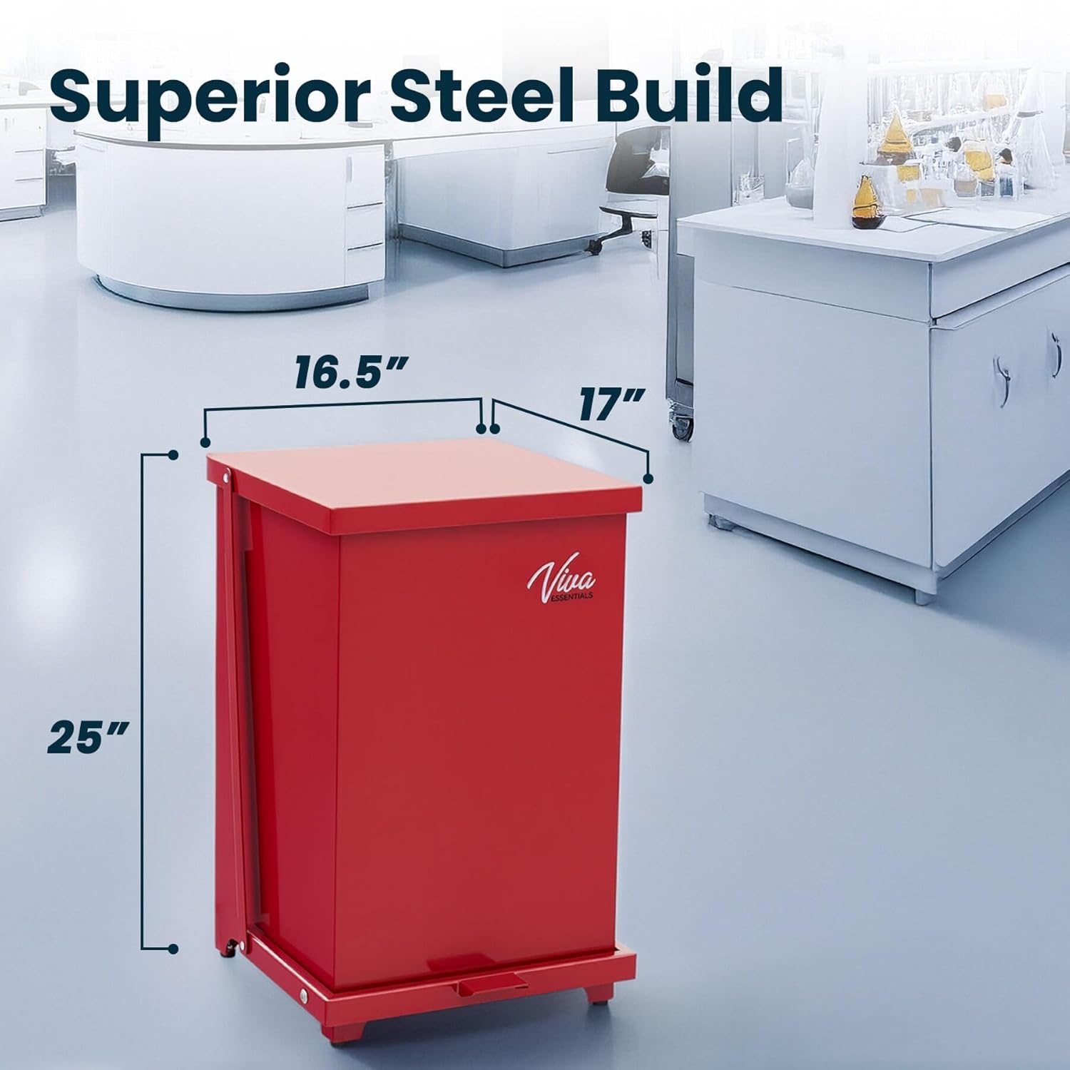 Vivacomfort VivaEssentials Steel Biohazard Waste Container, Step-On Red Trash Can with Lid, 13 Gallon Capacity
