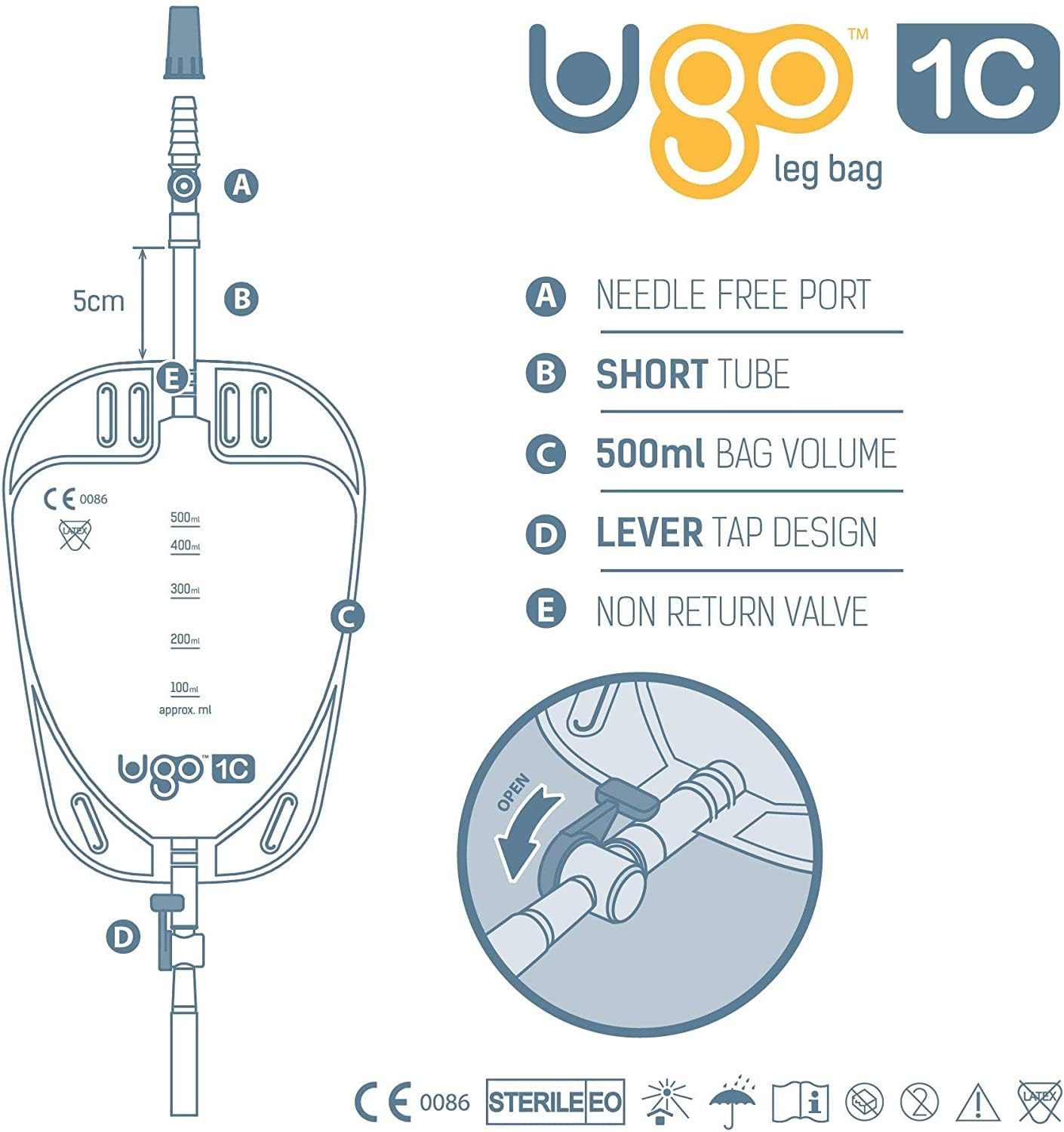 Ugo Leg Bags (x10) – Urine Drainage Bags/Catheter Leg Bags, T Tap or Lever Tap with Soft Fabric Backing and a Natural Leg-Shape Design (Pack of 10) (Ugo 1C - 500ml, Short Tube, Lever Tap)