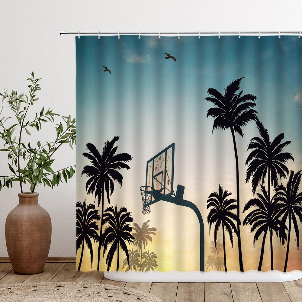 YSSFAV Basketball Sports Shower Curtain Sunset Sky with Tropical Palm Trees Decor Outdoor Sport Nightfall View,Fabric Bathroom Set Hooks Included