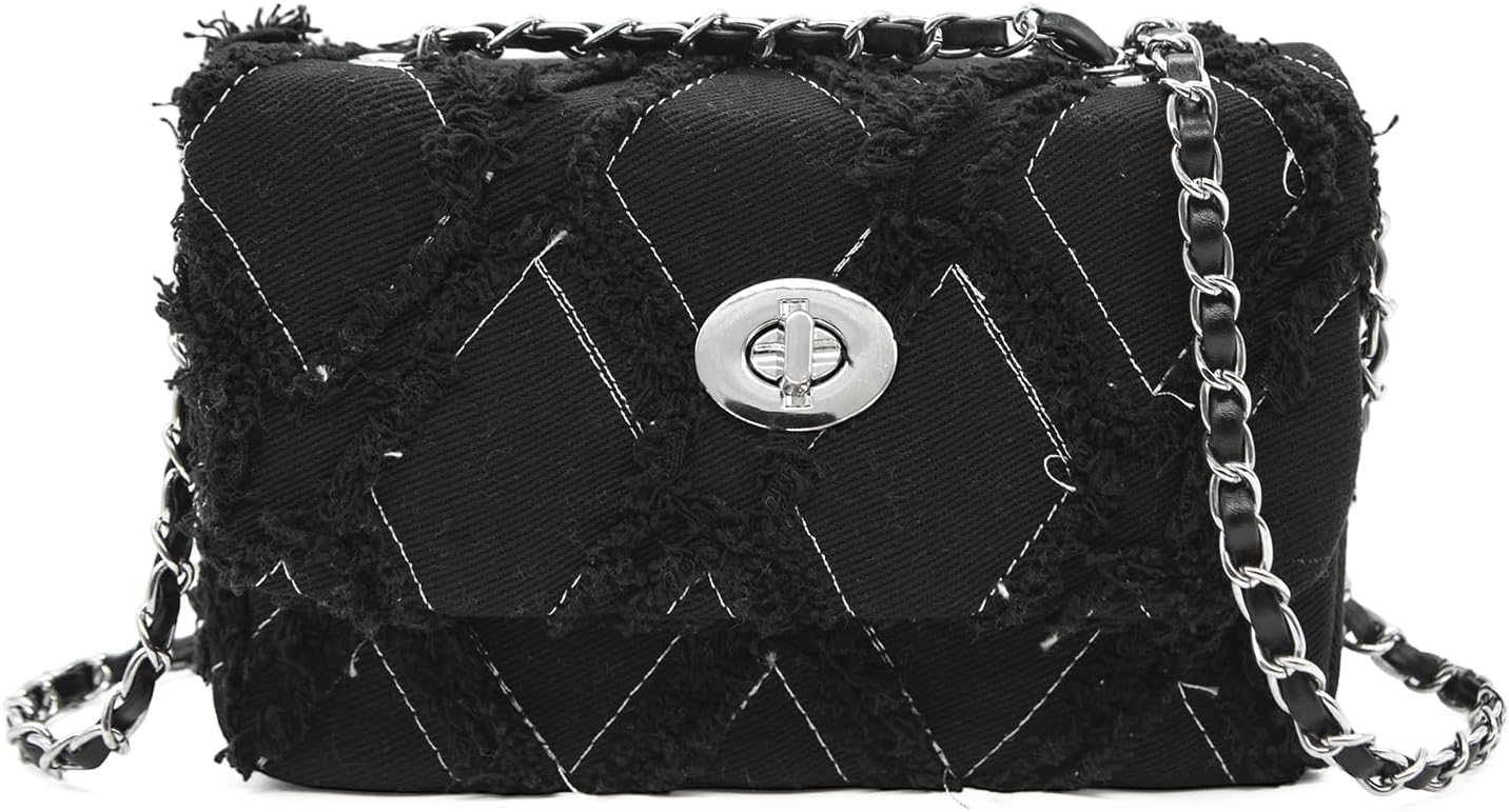 Long Keeper Denim Shoulder Bag for Women Small Tassel Clutch Purse Crossbody Handbag with Chain Strap for Formal Party Travel